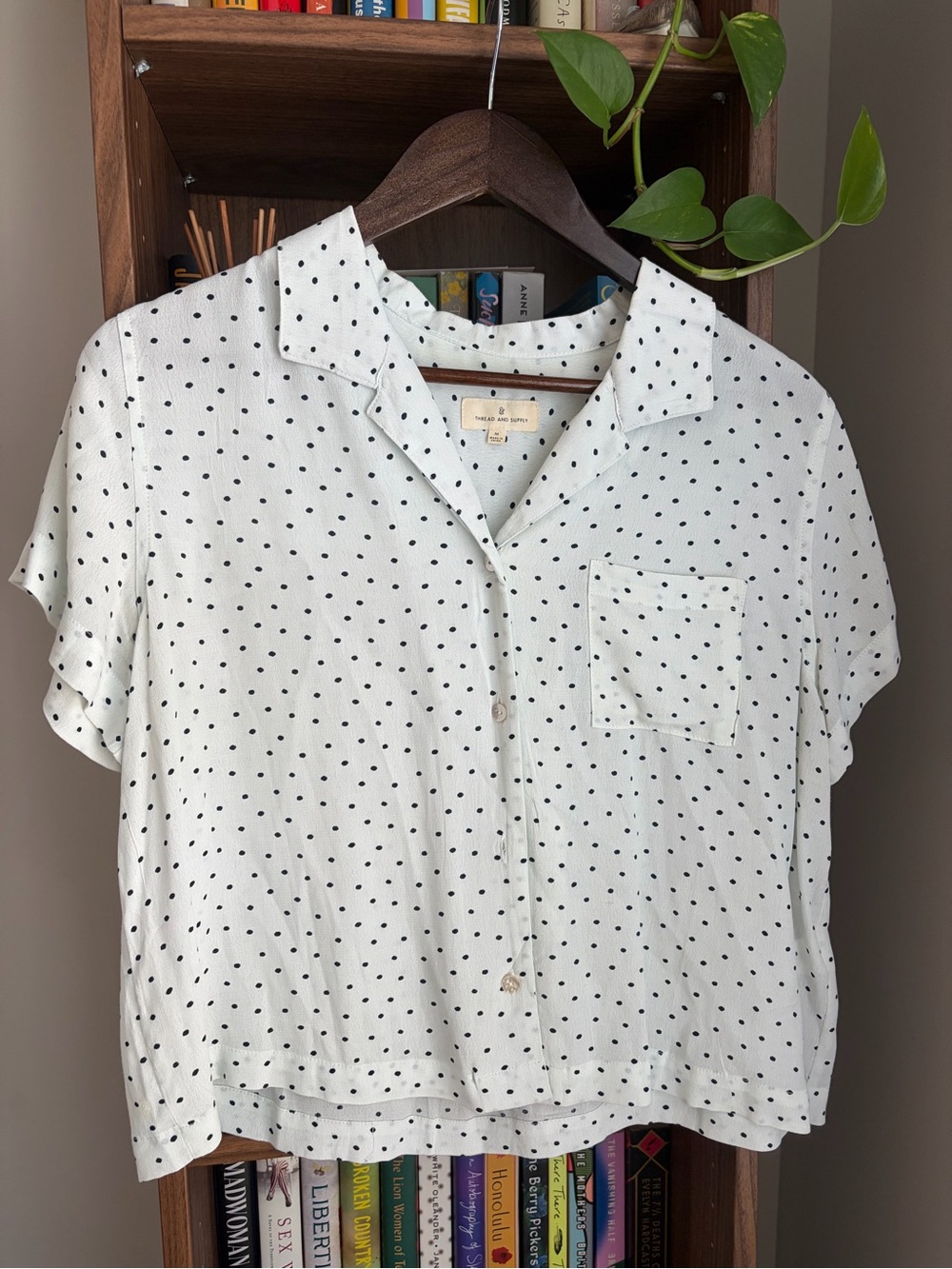 White Short-Sleeve Polka Dot Button-Up Top